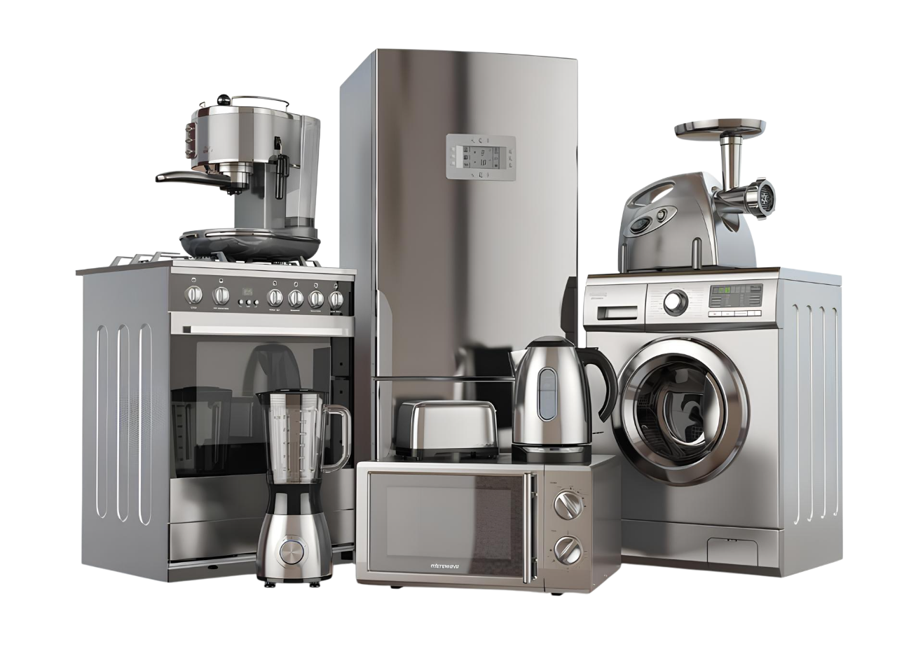 Изображение различной бытовой техники: стиральная машина, холодильник, микроволновая печь, пылесос